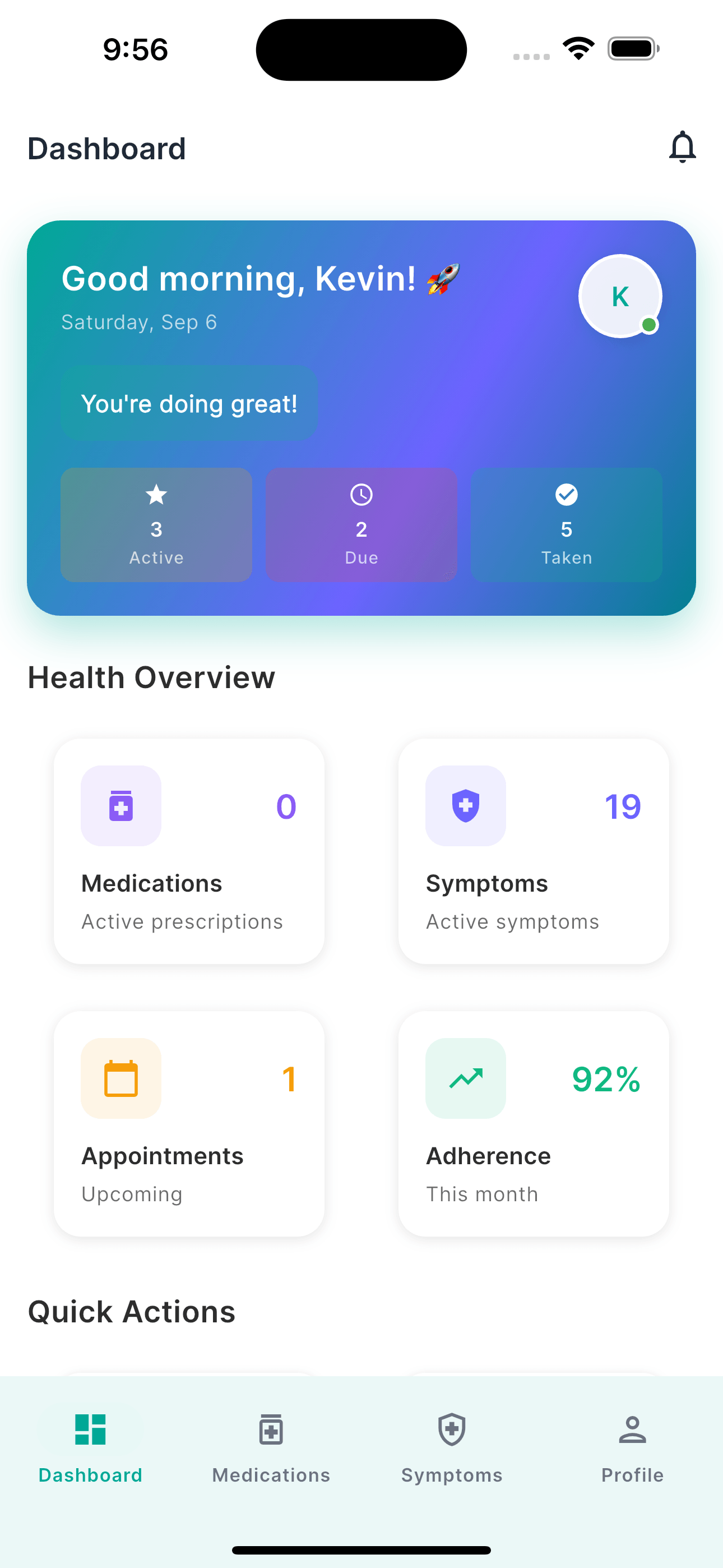 SYM AI Dashboard - Your intelligent health companion showing medication tracking, symptom monitoring, and health insights